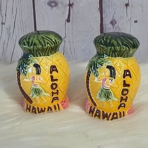 Vintage MCM Aloha Hawaii Ceramic Salt Pepper Shakers Hula Girl Pineapple Tiki 3"